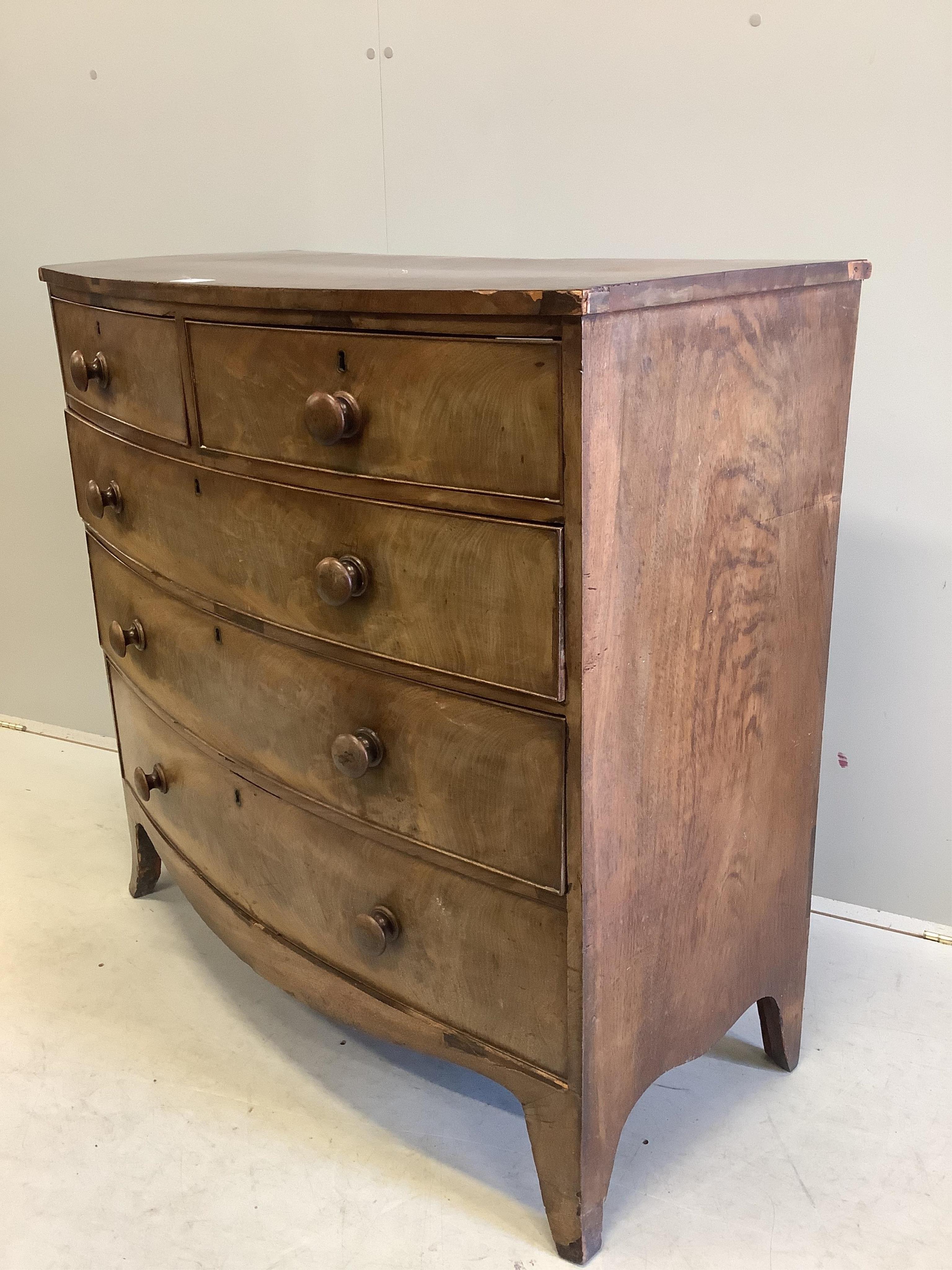 A Regency mahogany bowfront chest, width 106cm, depth 50cm, height 102cm. Condition - poor